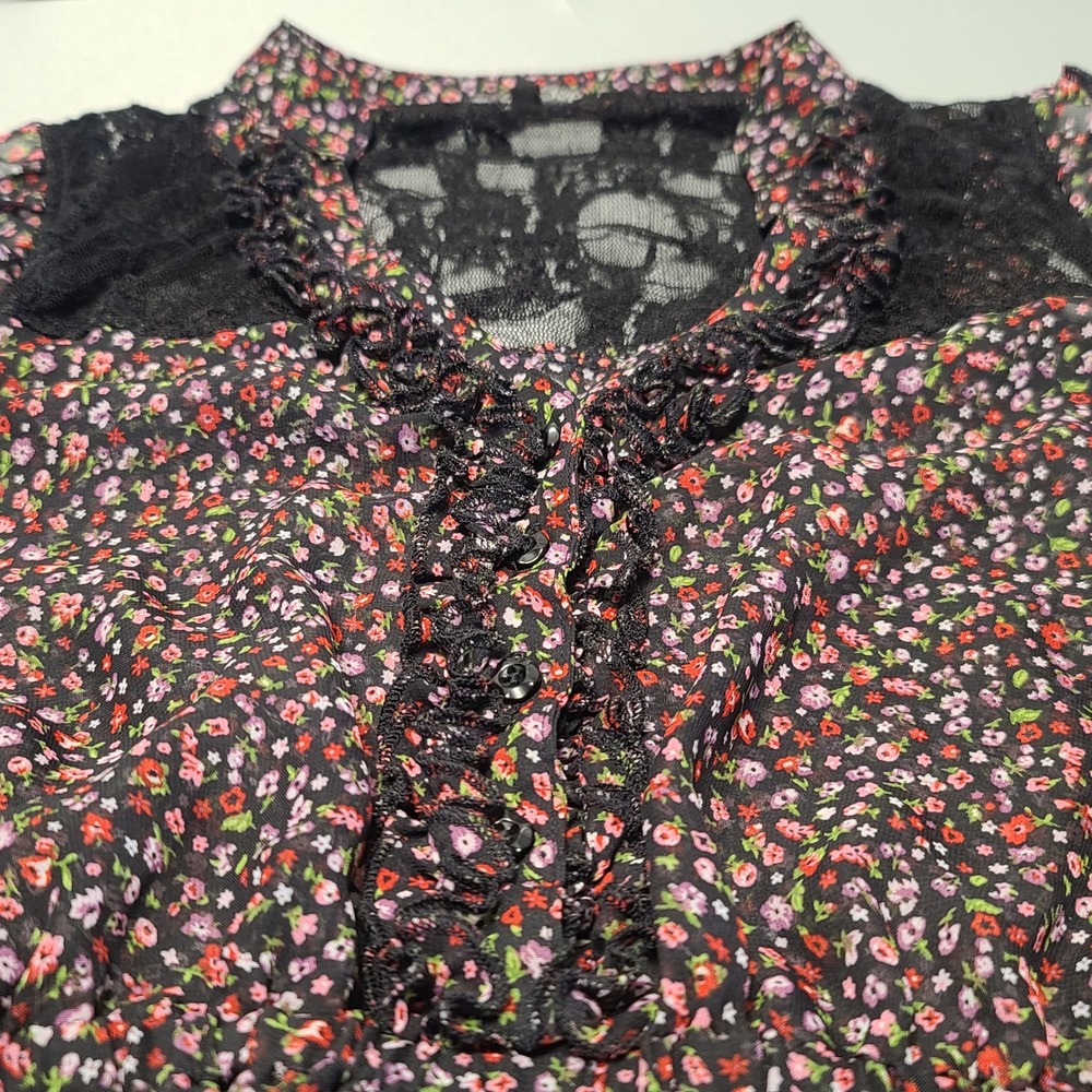 BeBop Floral Mini Dress Womens Medium Black Lace Ruffle Sleeveless V-Neck‎ Boho